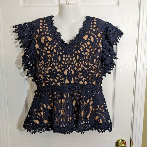 For Her NYC Navy Crochet Floral V Neckline Cap Sleeve Peplum Style Blouse - XL - Picture 1 of 13